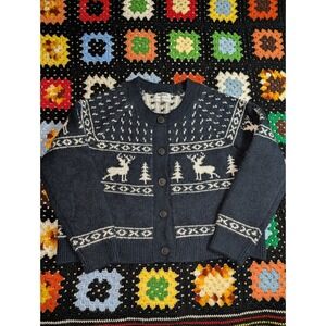 Old Navy Winter Scene Wild Cable Car Button Cardigan Sweater Women's Large Blue